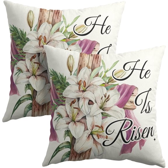 Easter Throw Pillow Covers 16x16 Inch Set of 2 He is Risen Cushion Case Spring Lily Flower Polyester Linen Square Pillowcases Happy Easter Pillows Protector for Home Sofa Party Couch Bed