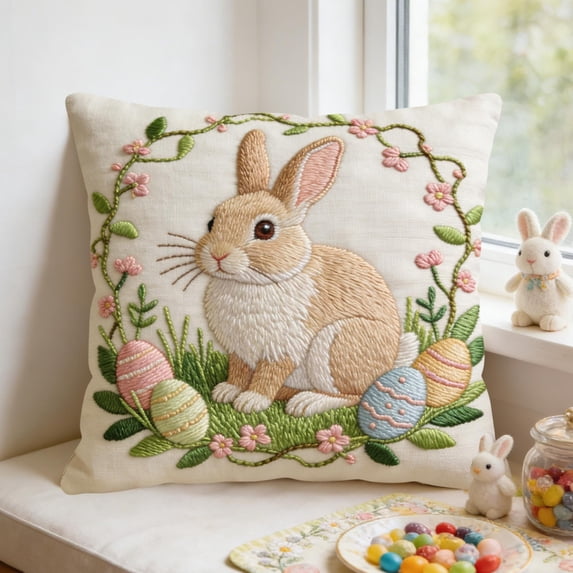 Easter Throw Pillow Covers 18 x 18 Inch Neutral Embroidered Bunny Rabbit Decorative Throw Pillow Covers Linen Spring Cute Bunny Pillowcases for Easter Home Living Room Bed Decor