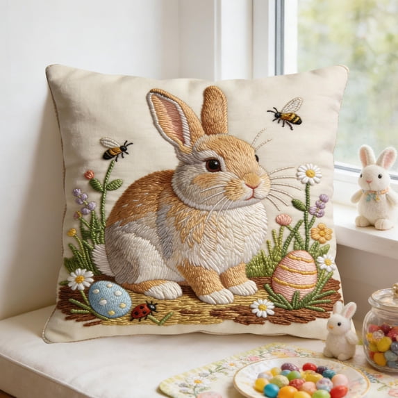Easter Throw Pillow Covers 18 x 18 Inch Neutral Embroidered Bunny Rabbit Decorative Throw Pillow Covers Linen Spring Cute Bunny Pillowcases for Easter Home Living Room Bed Decor