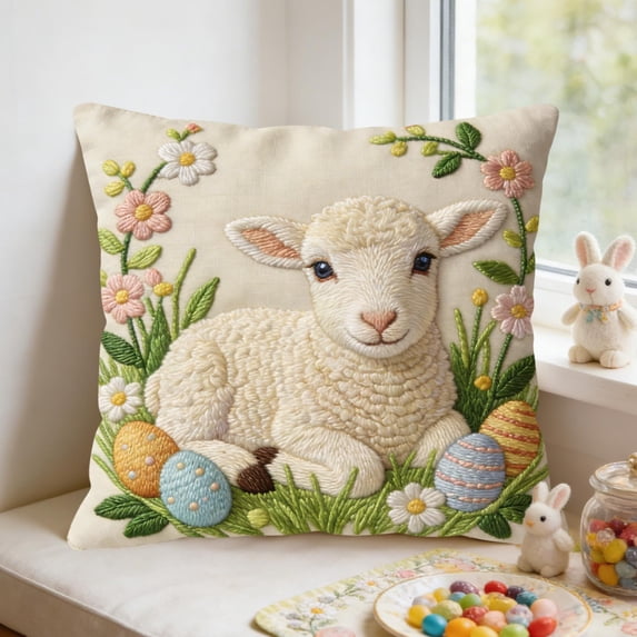 Easter Throw Pillow Covers 18 x 18 Inch Neutral Embroidered Bunny Rabbit Decorative Throw Pillow Covers Linen Spring Cute Bunny Pillowcases for Easter Home Living Room Bed Decor