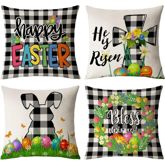 Easter Throw Pillow Covers 18x18 Set of 4 Spring Easter Decorative Pillow Covers Easter Cross Bunny Eggs Hunt Cushion Covers Pillow Cases for Spring Home Outdoor Sofa Couch Decoration(18 inch)