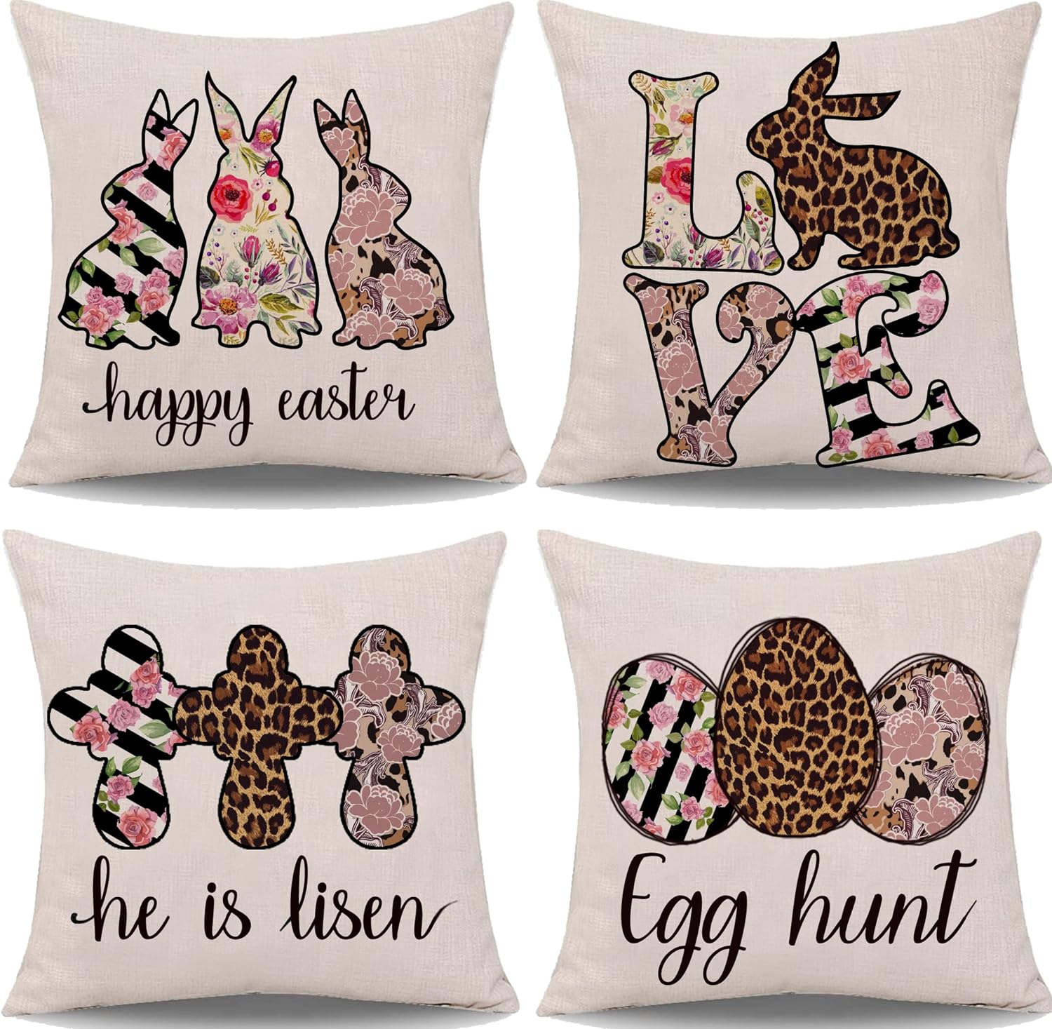 Spring Floral Throw Pillow Covers 18x18 - Easter Bunny Gnome Pattern, Pastel Velvet Cushion Covers For Sofa & Bed - View #2
