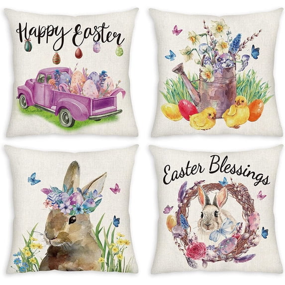 Easter Throw Pillow Covers 18x18 in, Easter Bunny Eggs Truck Pillow Covers Set of 4 Easter Decor for Home Happy Easter Rabbit Blessings Pillows Decorative Throw Pillows for Sofa Couch Bed Patio Home