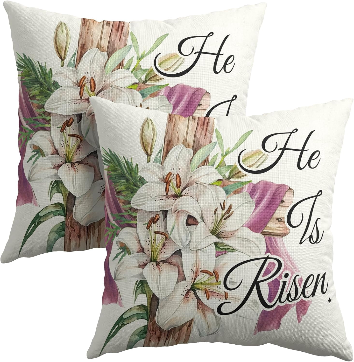 He Is Risen Easter Throw Pillow Cover 18x18 Inch - Farmhouse Spring Decor With Olive Branch Cross Design, Cotton Linen Blend
