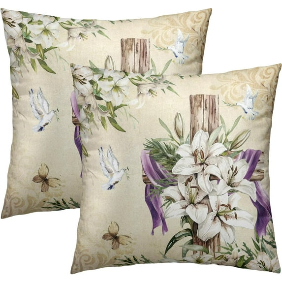 Easter Throw Pillow Covers 20x20 Inch Set of 2, Vintage Lily Flowers Spring Season Decorative Pillowcase Cotton Square Cushion Cover for Sofa Couch Bed Holiday Outdoor Home Decor