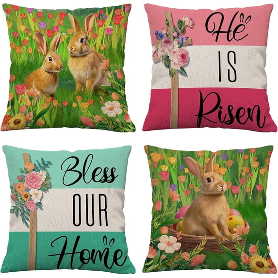 Easter Throw Pillow Covers 20x20 Set of 4,Rabbit Flower Cross Blessing Cushion Case Spring Easter Rabbit Bunny Eggs Hunt Cushion Covers for Couch Sofa Home Outdoor Decorative 20inches