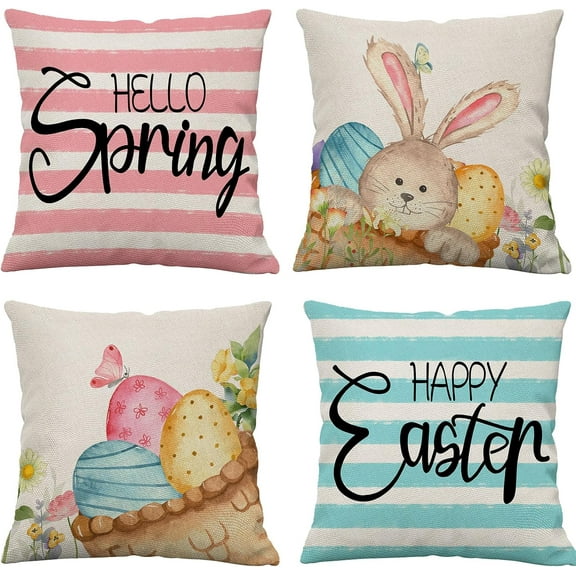 Easter Throw Pillow Covers 20x20 Set of 4 Spring Pillow Covers Stripe Easter Rabbit Cross Bunny Eggs Hunt Cushion Covers Pillow Cases for Couch Sofa Home Outdoor Decorative 20inches