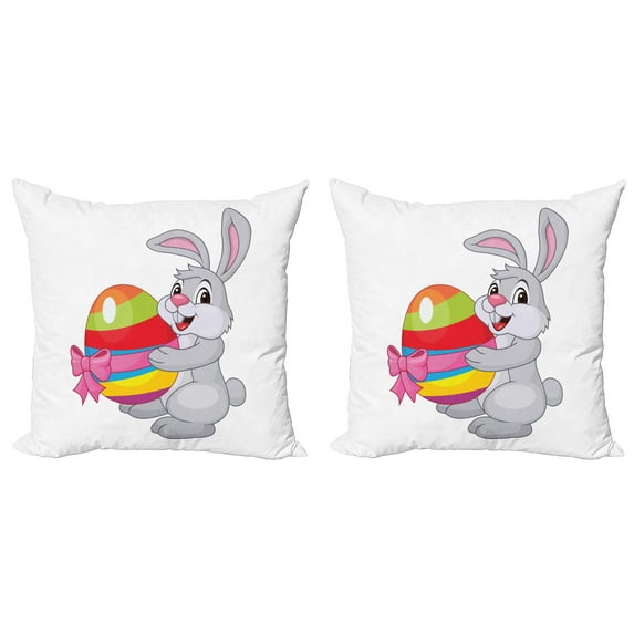 Ambesonne Easter Throw Pillow Cover 2 Pack, Cartoon Rabbit Striped Egg, 16", Multicolor