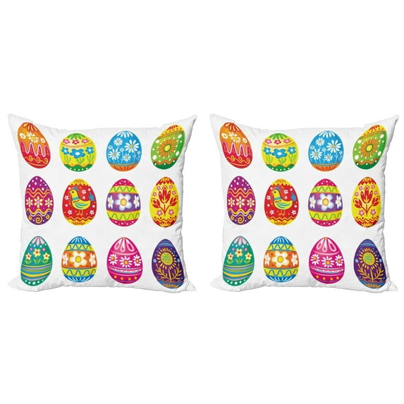 Ambesonne Easter Throw Pillow Cover 2 Pack, Colorful Eggs Flowers, 16", Multicolor