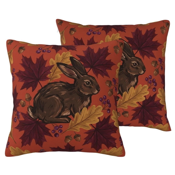 Easter Throw Rabbit Pillow Covers Set of 2, Rustic Maple Leaves and Rabbit Harvest Decorative Faux Linen Cushion Cases, Double Sided Woodland Print,16x16 No Insert