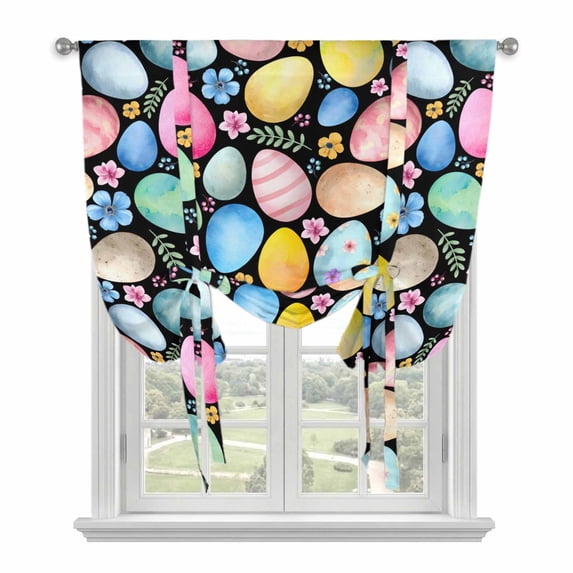 Easter Tie Up Curtains 45 Inches Long, Kitchen Window Curtains Over Sink, Spring Colorful Eggs Flower Leaf Plant Black Small Window Curtains Shade Balloon Curtains Valances for Bedroom/Cafe 34"x45"