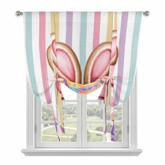 Easter Tie Up Curtains 45 Inches Long, Kitchen Window Curtains Over Sink, Spring Pink Rabbit Ear Colorful Eggs Stripes Small Window Curtains Shade Balloon Curtains Valances for Bedroom/Cafe 34"x45"
