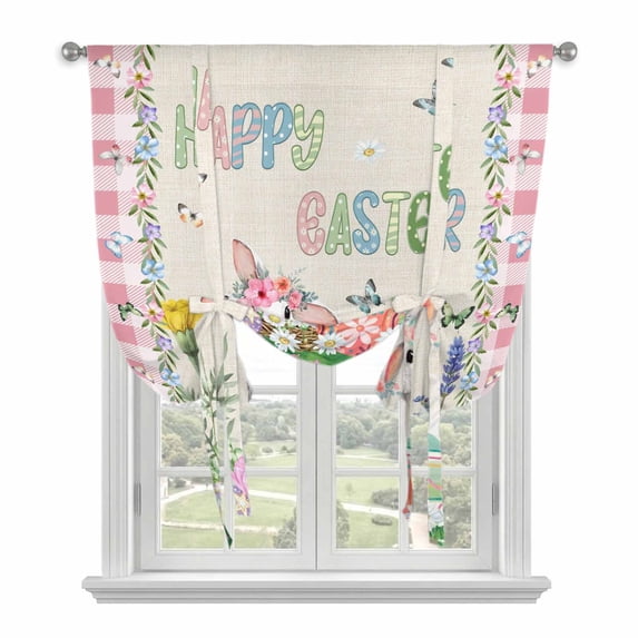 Easter Tie Up Curtains for Windows, Adjustable Balloon Window Shades, Spring Bunny Botanical Flowers Herbs Eggs Plaid Kitchen Window Treatments Adjustable Roll Up Curtain for Basement/Nursery 52"x45"