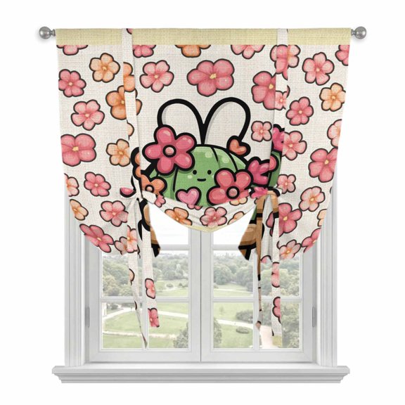 Easter Tie Up Curtains for Windows, Balloon Window Shades, Bunny Ears Spring Pink Flowers Potted Plant Rustic Kitchen Window Treatments Roll Up Curtain for Basement/Nursery 52"x45"