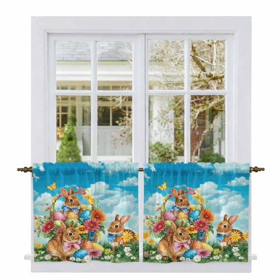 Easter Tier Curtains 24 Inch Length, Country Spring Rabbit Flowers Eggs Blue Sky Cafe Short Curtains for Bathroom Over Sink, Small Kitchen Curtain Light Filtering Tiered Drapes 2 Panels 27.5"Wx24"L