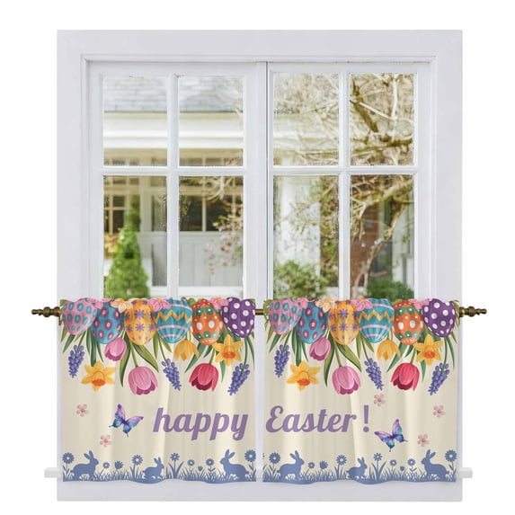 Easter Tier Curtains 24 Inch Length, Tulip Flowers Spring Easter Egg Bunny Butterfly Beige Cafe Short Curtains for Bathroom Sink, Small Kitchen Curtain Light Filtering Drapes 2 Panels 27.5"Wx24"L