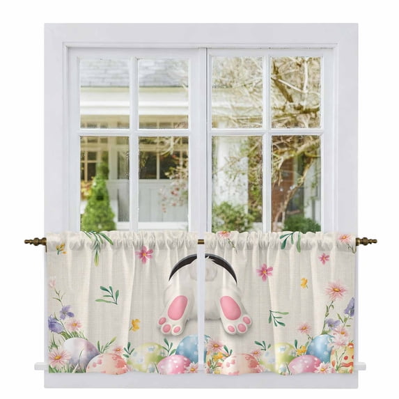 Easter Tier Curtains 36 Inch Length, Country Spring Rabbit Feet Eggs Botanical Flowers Cafe Short Curtains for Bathroom Over Sink, Small Kitchen Curtain Light Filtering Drapes 2 Panels 27.5"Wx36"L
