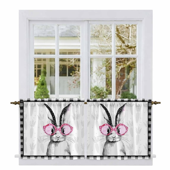 Easter Tier Curtains 36 Inch Length, Funny Rabbit Carrots Black White Buffalo Plaid Cafe Short Curtains for Bathroom Over Sink, Small Kitchen Curtain Light Filtering Drapes 2 Panels 27.5"Wx36"L