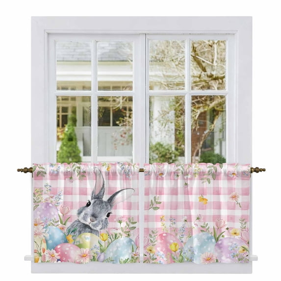 Easter Tier Curtains 36 Inch Length, Spring Rabbit Egg Botanical Flowers Leaf Pink Check Cafe Short Curtains for Bathroom Over Sink, Small Kitchen Curtain Light Filtering Drapes 2 Panels 27.5"Wx36"L