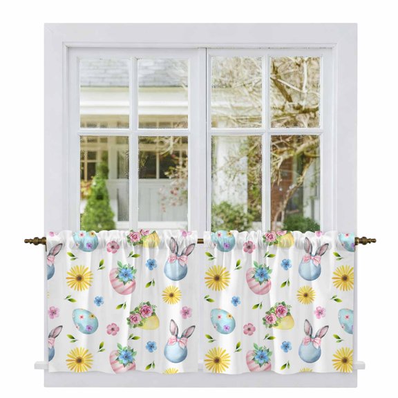 Easter Tier Curtains 36 Inch Length, Spring Watercolor Bunny Eggs Daisy Flowers Cafe Short Curtains for Bathroom Over Sink, Small Kitchen Curtain Light Filtering Tiered Drapes 2 Panels 27.5"Wx36"L
