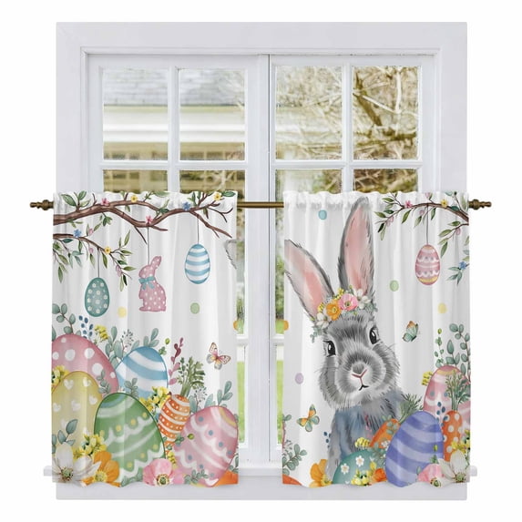 Easter Tier Curtains 54 Inch Length, Spring Bunny Eggs Botanical Leaves Tree Branch Cafe Short Curtains for Bathroom Over Sink, Small Kitchen Curtain Light Filtering Drapes 2 Panels 27.5"Wx54"L