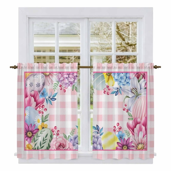 Easter Tier Curtains 54 Inch Length, Watercolor Eggs Floral Leaves Botanical Pink Plaid Cafe Short Curtains for Bathroom Over Sink, Small Kitchen Curtain Light Filtering Drapes 2 Panels 27.5"Wx54"L