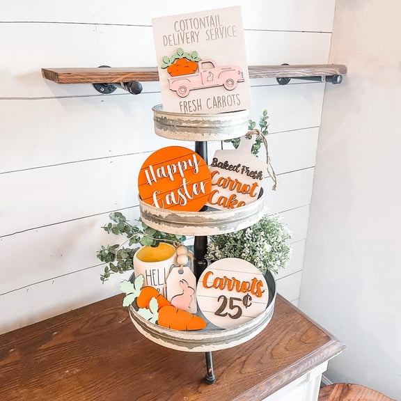 Easter Tiered Tray Decor 7Pc Wooden Signs, Rustic Spring Home Decor With Carrot, Bunny & Happy Easter Designs, For Tiered Trays, Shelves, Easter Gifts, Housewarming Presents