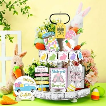 Easter Tiered Tray Decor Lucky Wooden Table Signs Green Block Party Wood Table Centerpieces With Holder For Easter Home Holiday Decor Easter Tray Decoration(Pink)