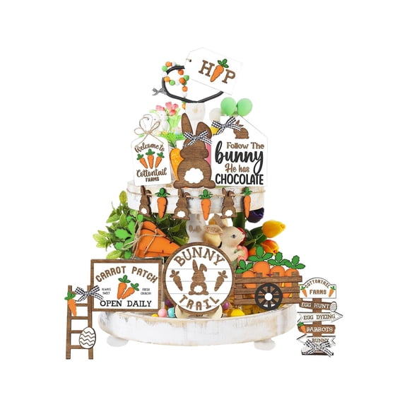 Easter Tiered Tray Decor – Wooden Carrot & Bunny Desktop Ornament for Kitchen, Tabletop, or Shelf Display – Festive Spring Décor