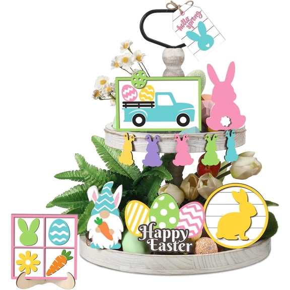 Easter Tiered Tray Decoration Set - Bunny Trail Carrot Table Signs Wooden Farmhouse Decoration for Spring Rustic Home Kitchen Decor