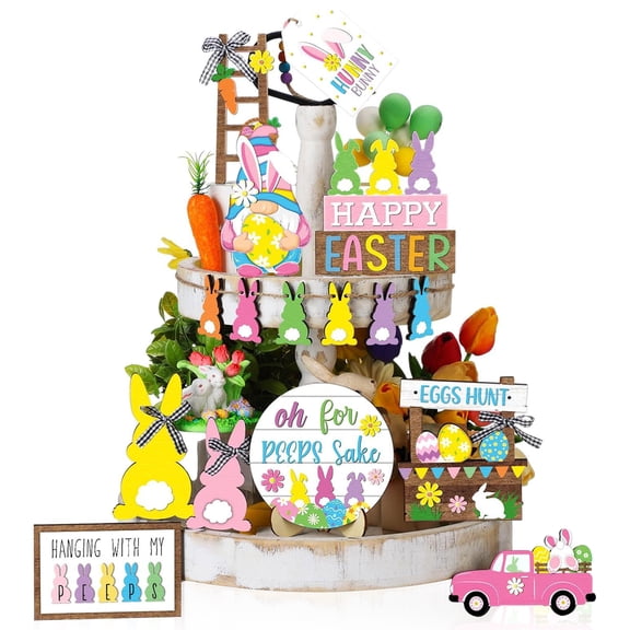 Easter Tiered Tray Decoration for Table Centerpiece Farmhouse Wooden Carrot Bunny Egg Happy Easter Signs for Spring Home Rustic Party Supplies Desgin 1