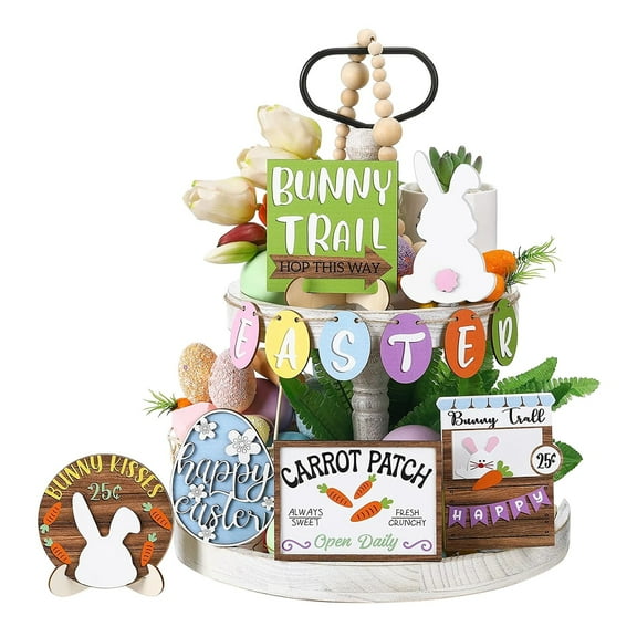 Easter Tiered Tray Set with Wooden Signs and Centerpiece Holders for Table Display Easter Decoration