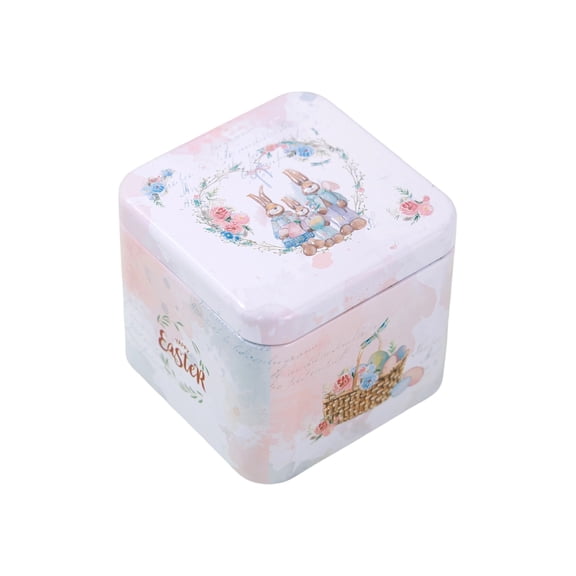 Easter Tin Box, Decorative Metal Storage Box with Egg and Bunny Pattern for Candy Cookies Gifts, Reusable Spring Holiday Party Container