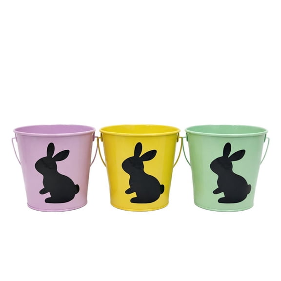 Easter Tin Candy Bucket - Colored Metal Storage Pail with Handle for Seasonal Treats, Holiday Decor and Gift Presentation