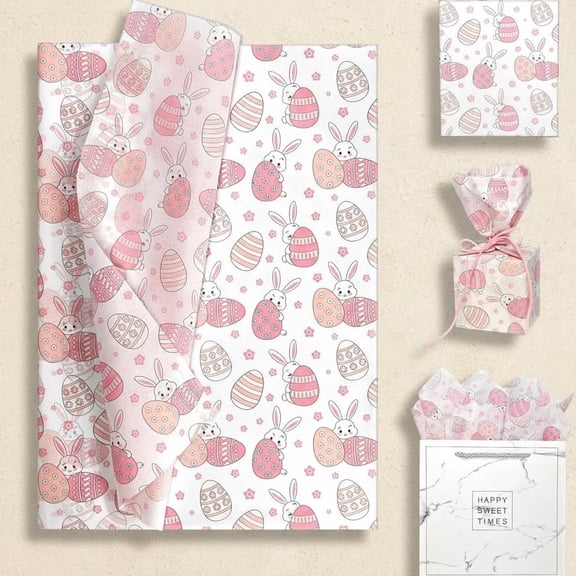 Easter Tissue Paper with Bunny & Egg Pattern, Pink and White Gift Wrapping Tissue Paper for Easter Baskets & Gift Bags, Pastel Packaging for Craft and Party Decor