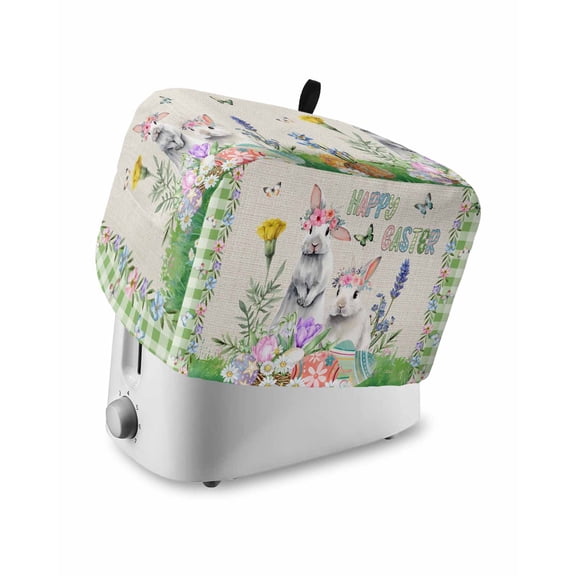 Easter Toaster Cover 2 Slice, Small Kitchen Appliance Covers, Spring Rustic Rabbit Botanical Flowers Eggs Plaid Toaster Oven Cover with Loop, Bread Machine Cover Polyester Dust Cover Protection