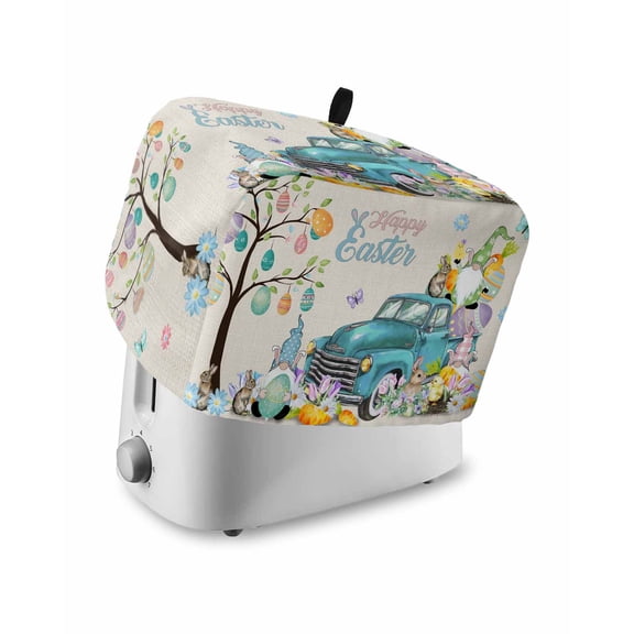 Easter Toaster Cover 4 Slice, Large Kitchen Appliance Covers, Turquoise Truck Colorful Eggs Tree Gnomes Rabbit Toaster Oven Cover with Loop, Bread Machine Cover Polyester Dust Cover Protection