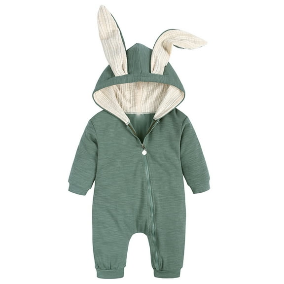 Easter Toddler Girl Outfit Baby Boys Girls Solid Zipper Hooded Rabbit Ear Jumpsuit Romper Toddler Easter Outfit Boy Green 0 Months-3 Months