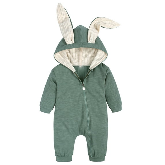 Easter Toddler Girl Outfit Baby Boys Girls Solid Zipper Hooded Rabbit Ear Jumpsuit Romper Toddler Easter Outfit Boy Green 0 Months-3 Months