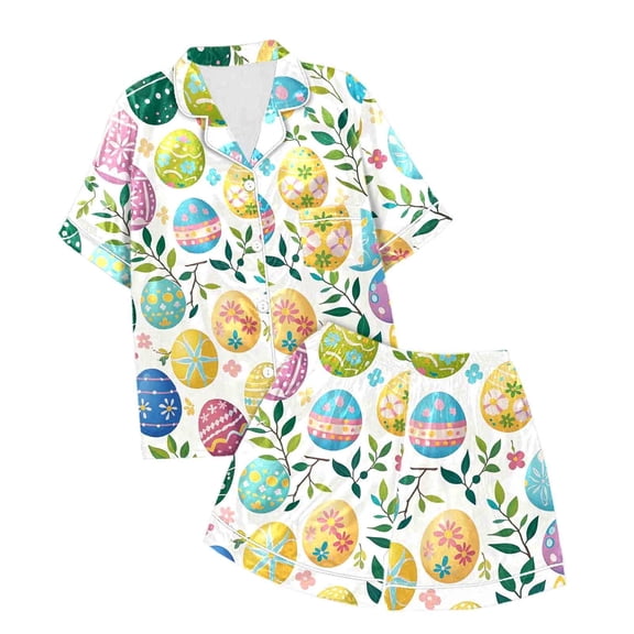 Easter Toddler Girls Satin Pajamas Set Cute Bunny Outfit Easter Button up Short Sleeve Pajamas Set Cute Pajamas For Girls