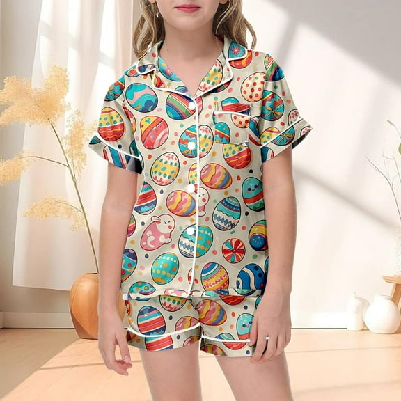 Easter Toddler Girls Satin Pajamas Set Cute Bunny Outfit Easter Button up Short Sleeve Pajamas Set Summer Clothes