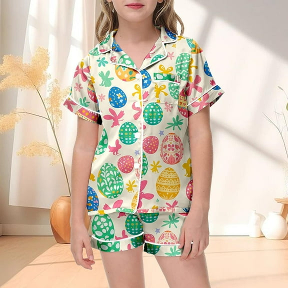 Easter Toddler Girls Satin Pajamas Set Easter Bunny Print Button up Short Sleeve Pajamas Set Pajamas For Girls