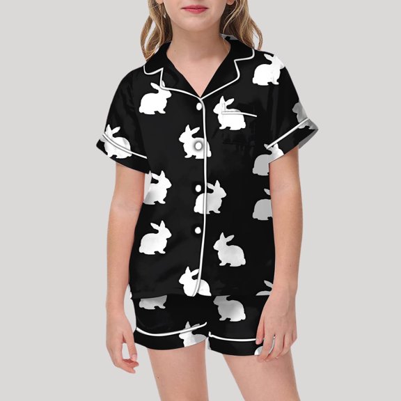 Easter Toddler Girls Satin Pajamas Set Easter Bunny Print Button up Short Sleeve Shirt And Shorts Pajamas Set Toddler Easter Clothes