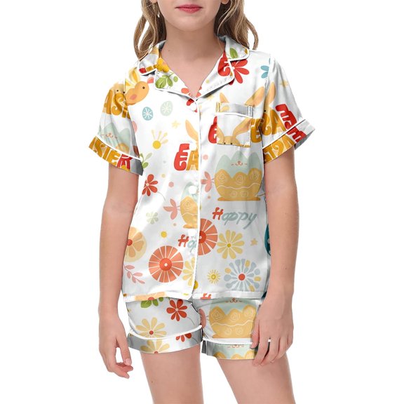 Easter Toddler Girls Satin Pajamas Set Easter Bunny Print Button up Short Sleeve Shirt And Shorts Set Girls Pajama Sets Size