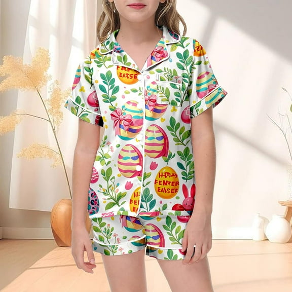 Easter Toddler Girls Satin Pajamas Set Easter Bunny Print Button up Short Sleeve Shirt And Shorts Set Summer Pajamas Toddler