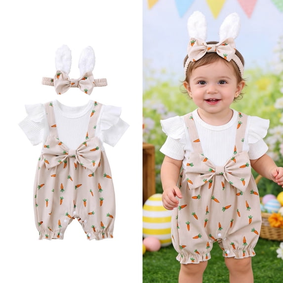 Easter Toddler Outfit Short Sleeve Cute Print Bodysuit and Headband Set Girls Summer Clothes Cute Outfits for Girls 12-18 Months