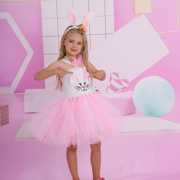 Easter Toddlers Dresses Kids Girls Easter Outfit Bunny Holiday Party Tutu Dress and Rabbit Ears Headband Tails Dress Up Girls Party Dress Girls Size 9-10 Years