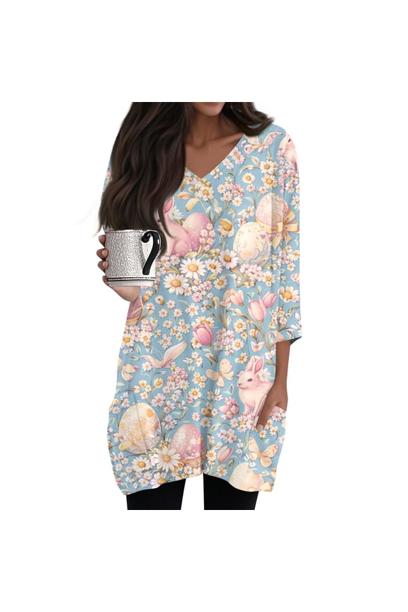 Easter Top for Women V Neck Funny Bunny Print 3/4 Sleeve T Shirt Plus Size Boho Casual Long Blouses Dressy Summer Lightweight Tee with Pocket, #01 Sky Blue, XXL