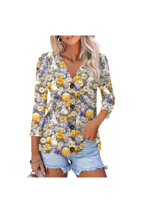 Easter Top for Women V-Neck Three Quarter Length Rabbit Graphic Tunic Tops Soft Dressy Button Down Blouses Loose Fit Floral T Shirt, #01 Earthy Yellow, L