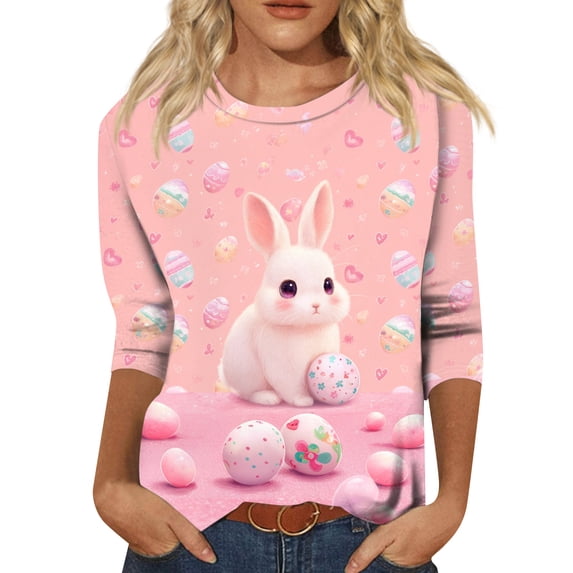 Easter Top for Women Bunny Eggs Printed 3/4 Sleeve Tops Crewneck Trendy Casual T-Shirts Family Gifts Soft Loose Fit Tunic Tops, #01 Pink, L